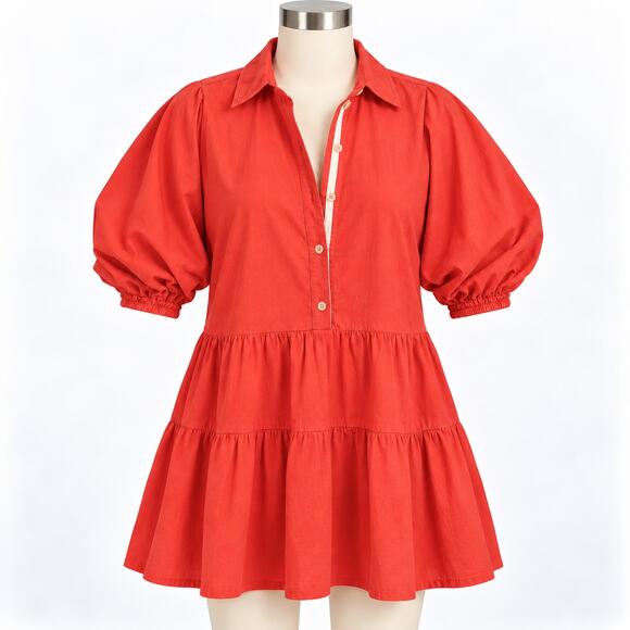 Free People Dresses & Skirts - Free People Red Cotton Tiered Mini Shirt Dress Women's Small S Button Front
